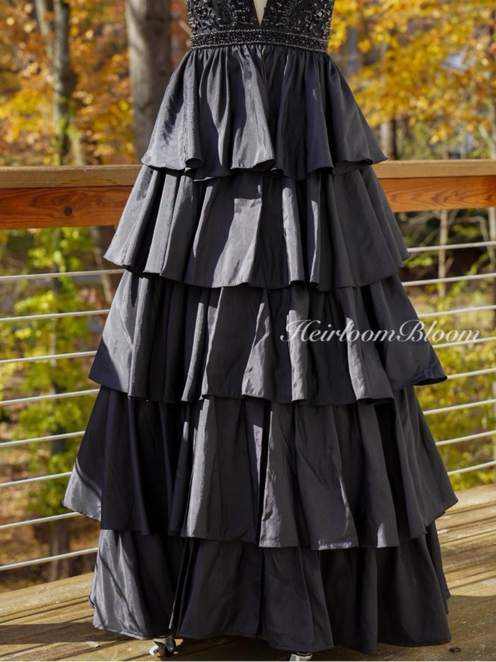 Sherri Hill Black Tiered Beaded V-Neck Evening Gown Prom Dress - Picture 5 of 8